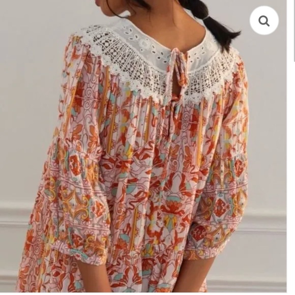 EC Anthropologie Florence Floral Lace Lounge Dress sz L large orange pink white - Picture 4 of 14